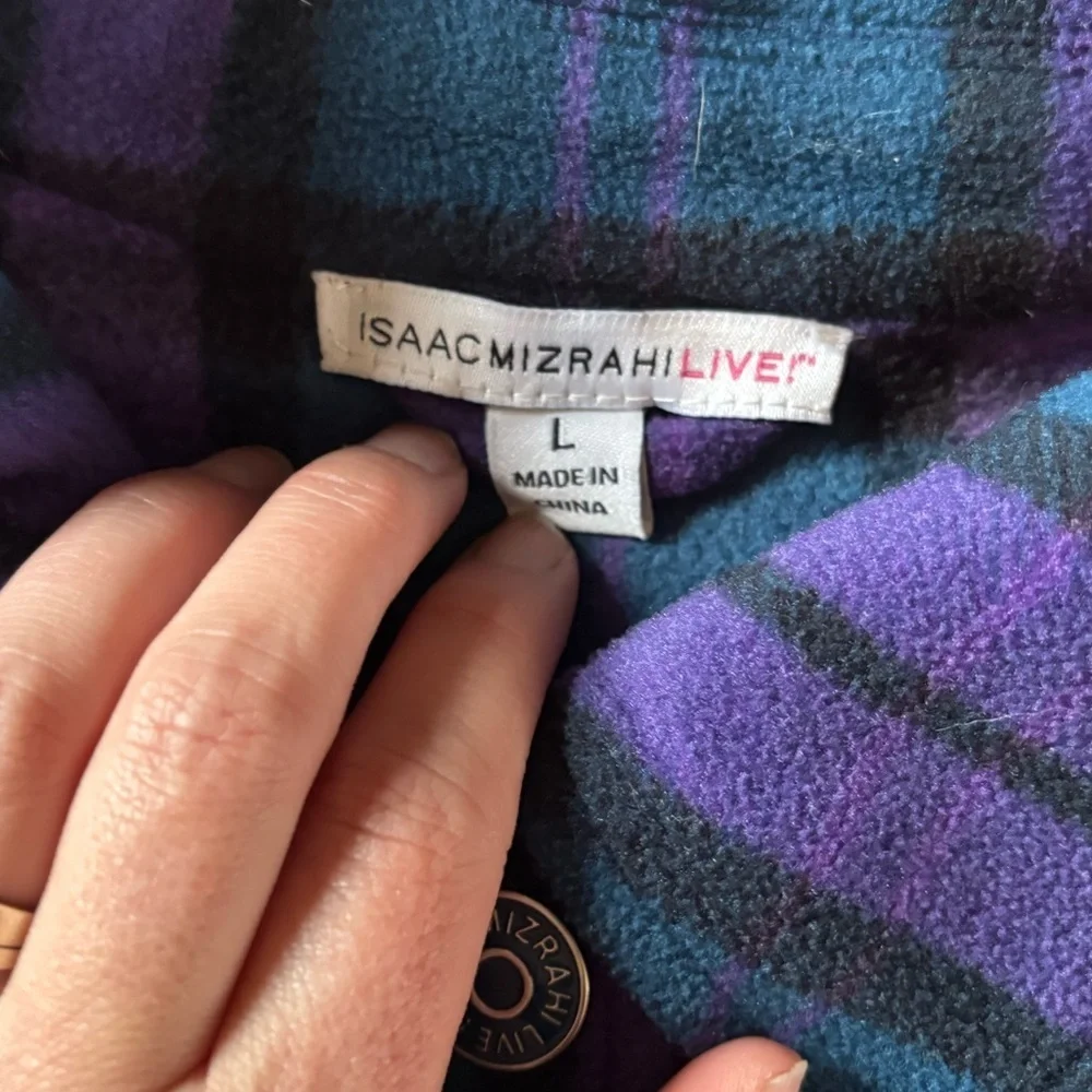Isaac Mizrahi Live Purple Teal Plaid Fleece Jacket Shacket Button Up Large